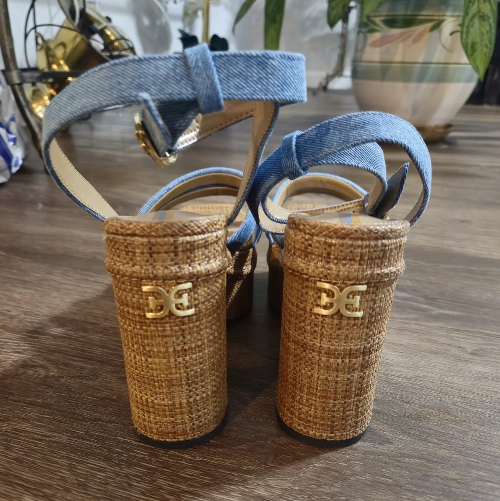 Sam Edelman Tibby Blue Denim Platform Wedge Sandals Sz 8.5 - Picture 11 of 12